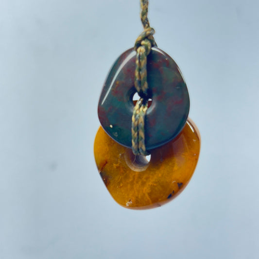 Hand Carved Stacked Big Bead Pendant with Bloodstone and Carnelian