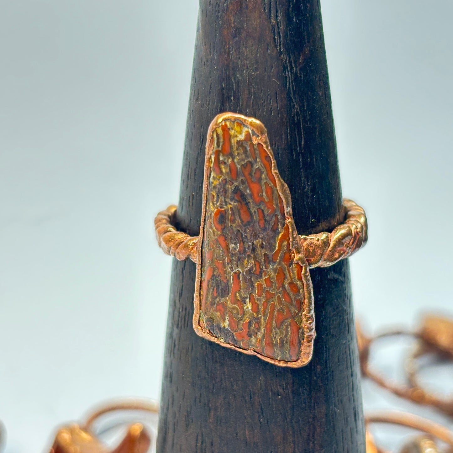 Size 9 3/4 Red Dinosaur Bone Copper Electroformed Ring