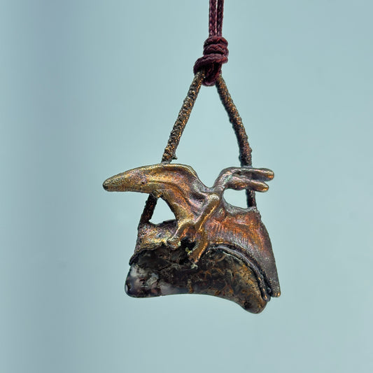 Dino on Dino! Petrified Dinosaur Bone Pendant with Pteradactyl
